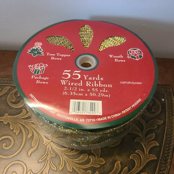 55 Yards × 2.5" CHRISTMAS Wired Ribbon New Designer Gold Edge Green Wreath Bow - Picture 3 of 3